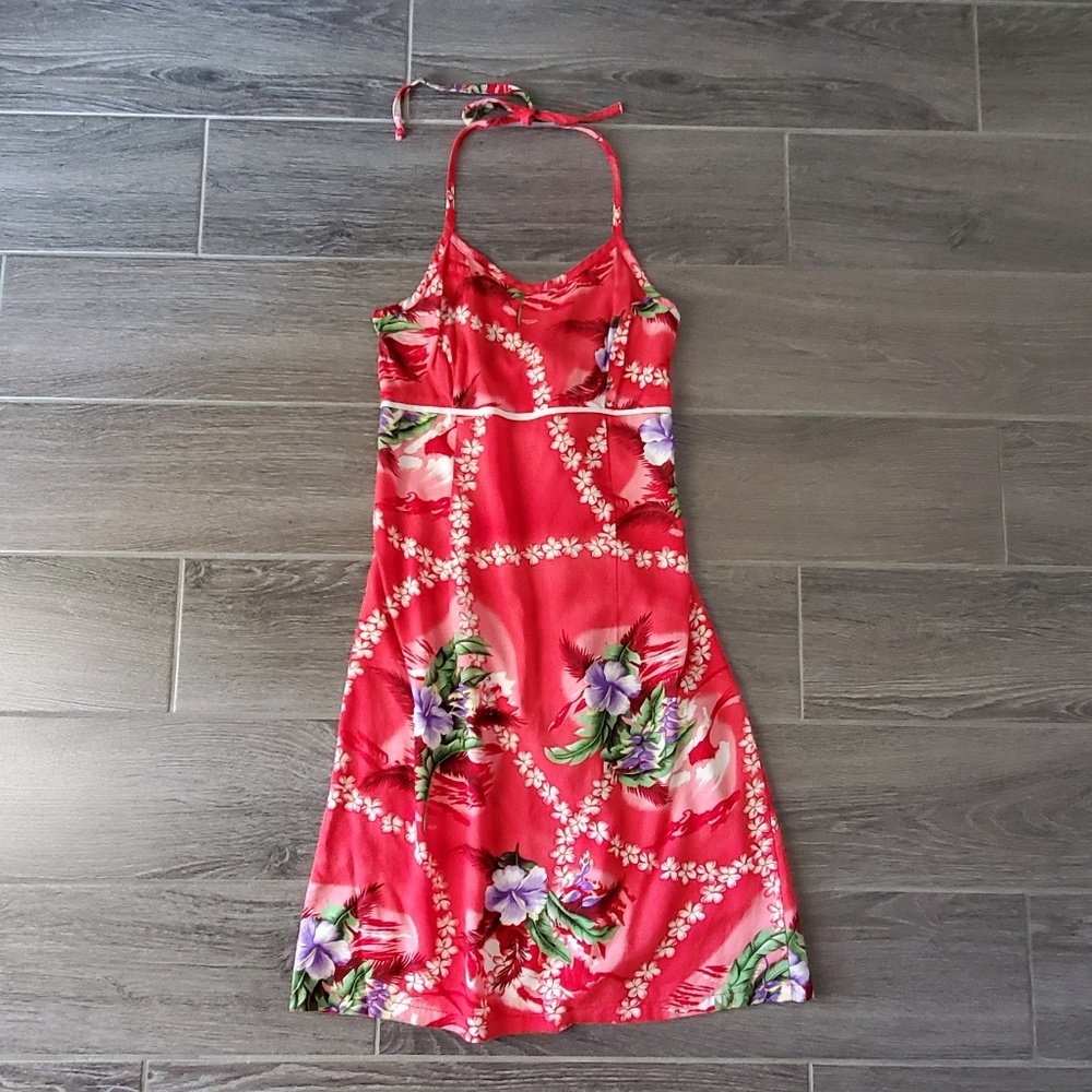 Anchor Blue Red Floral Hawaiian Halter Dress